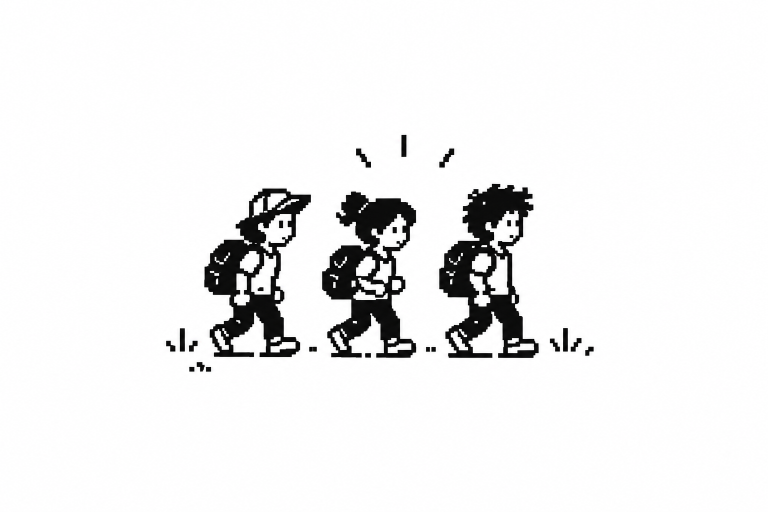 Three pixel art builders walking together with their backpacks.