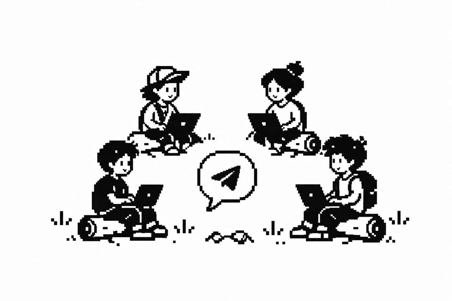 Four builders with laptops sharing ideas in a private Telegram circle.